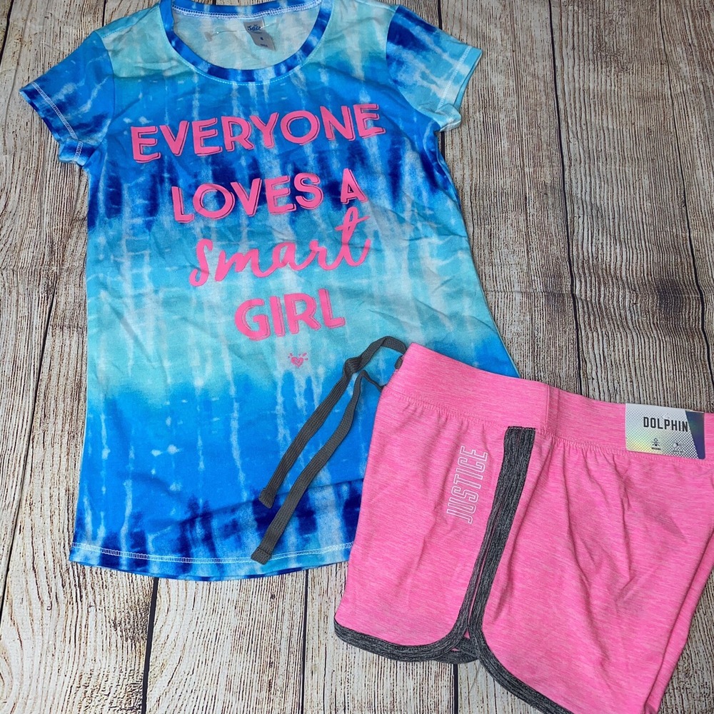 Justice 8 Everyone Loves A Smart Girl Blue Tie Dye Pink Shorts Outfit Set NEW
